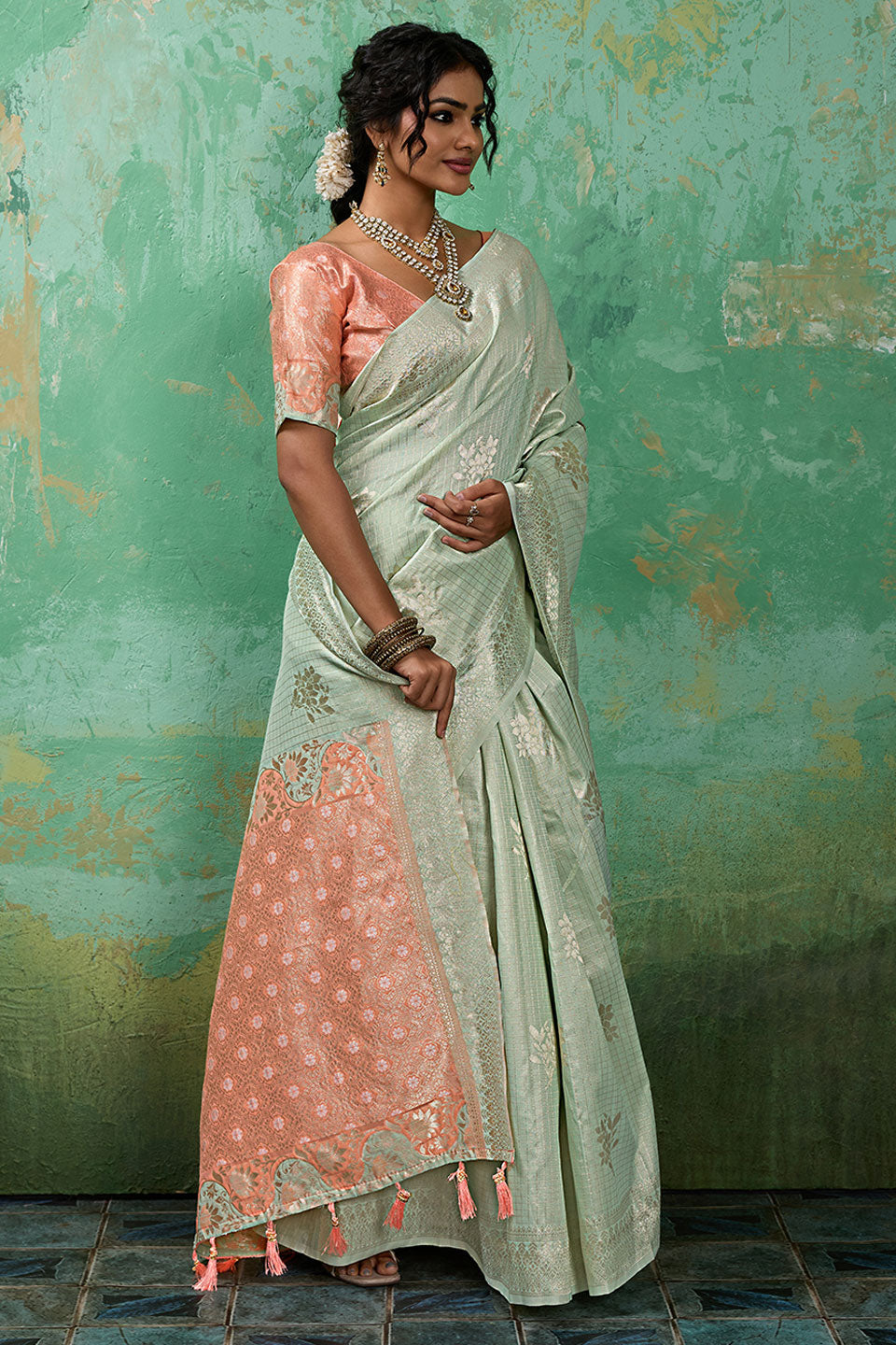 Sea Green Linen Cotton Weaving Designs Saree | Buy Online India