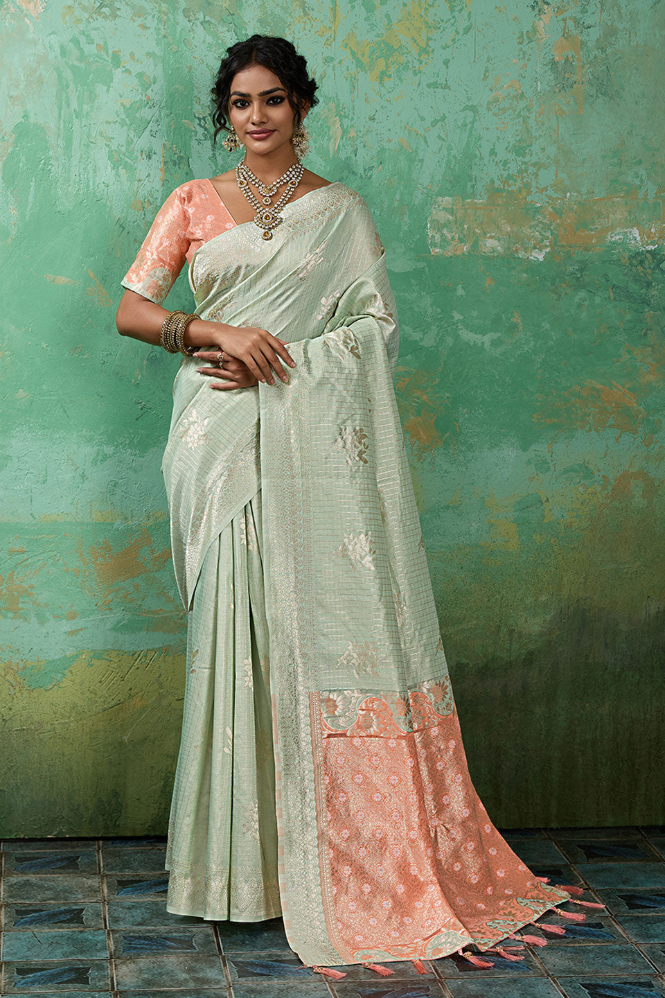 Sea Green Linen Cotton Weaving Designs Saree | Buy Online India