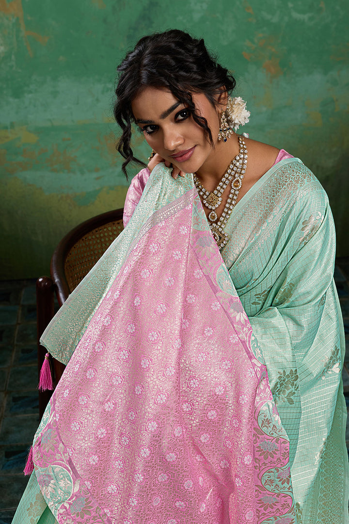 Light Cyan Linen Cotton Weaving Designs Saree | Buy Online India