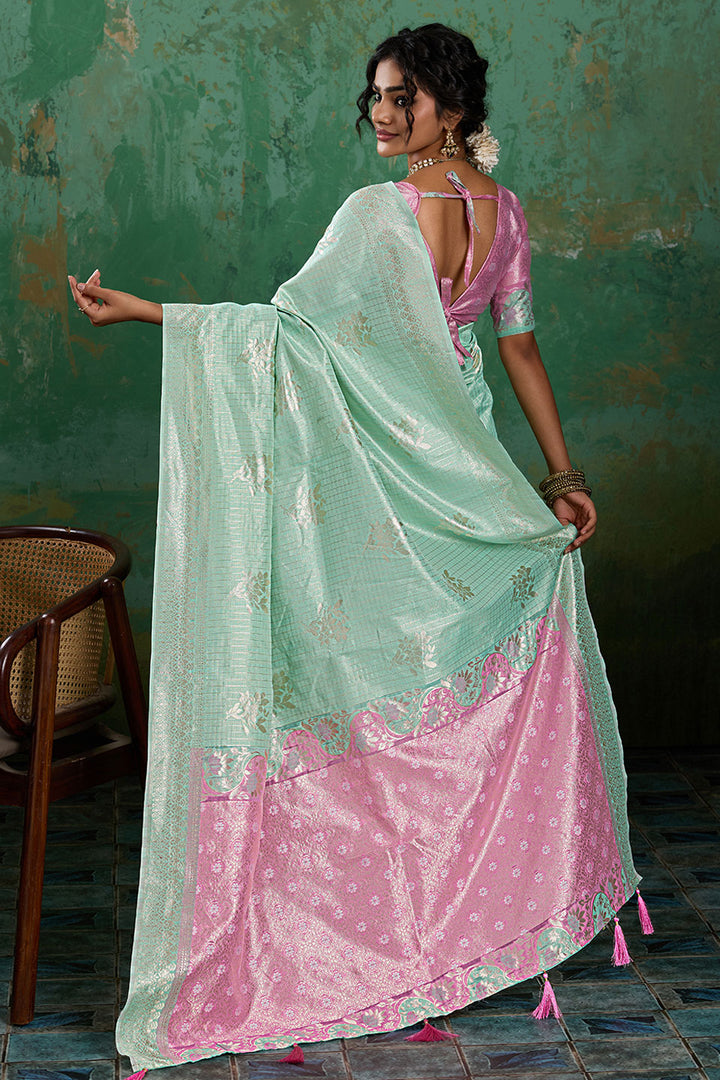 Light Cyan Linen Cotton Weaving Designs Saree | Buy Online India