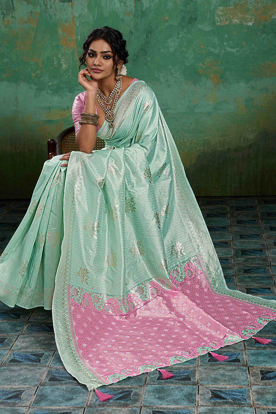 Light Cyan Linen Cotton Weaving Designs Saree | Buy Online India