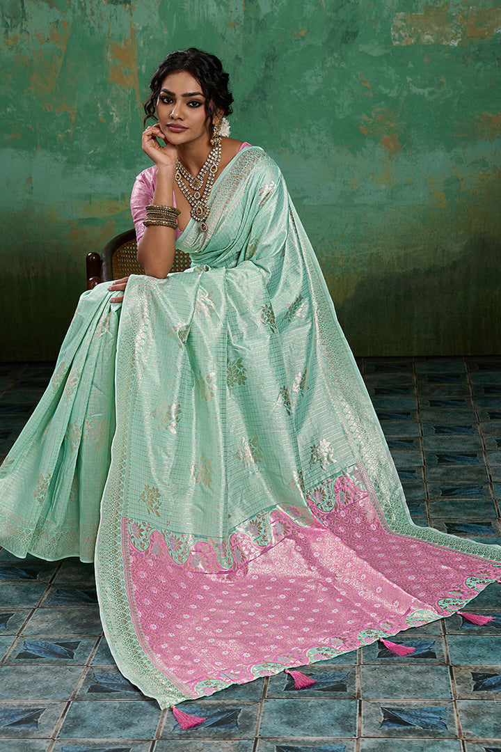 Light Cyan Linen Cotton Weaving Designs Saree | Buy Online India