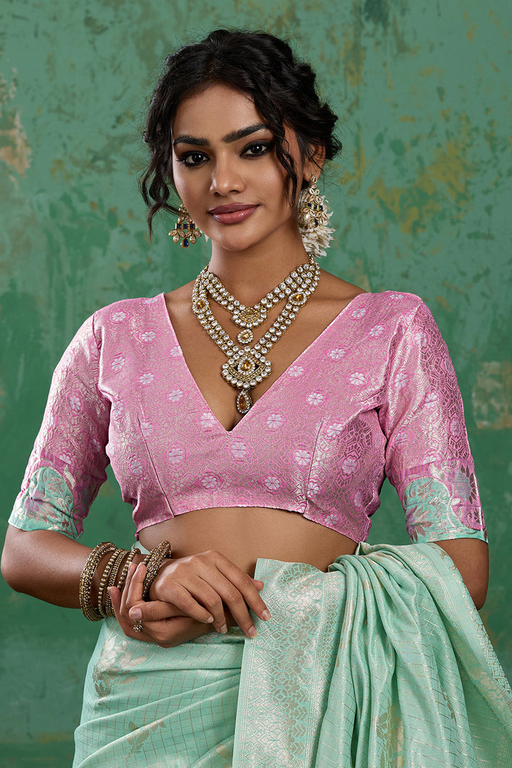 Light Cyan Linen Cotton Weaving Designs Saree | Buy Online India