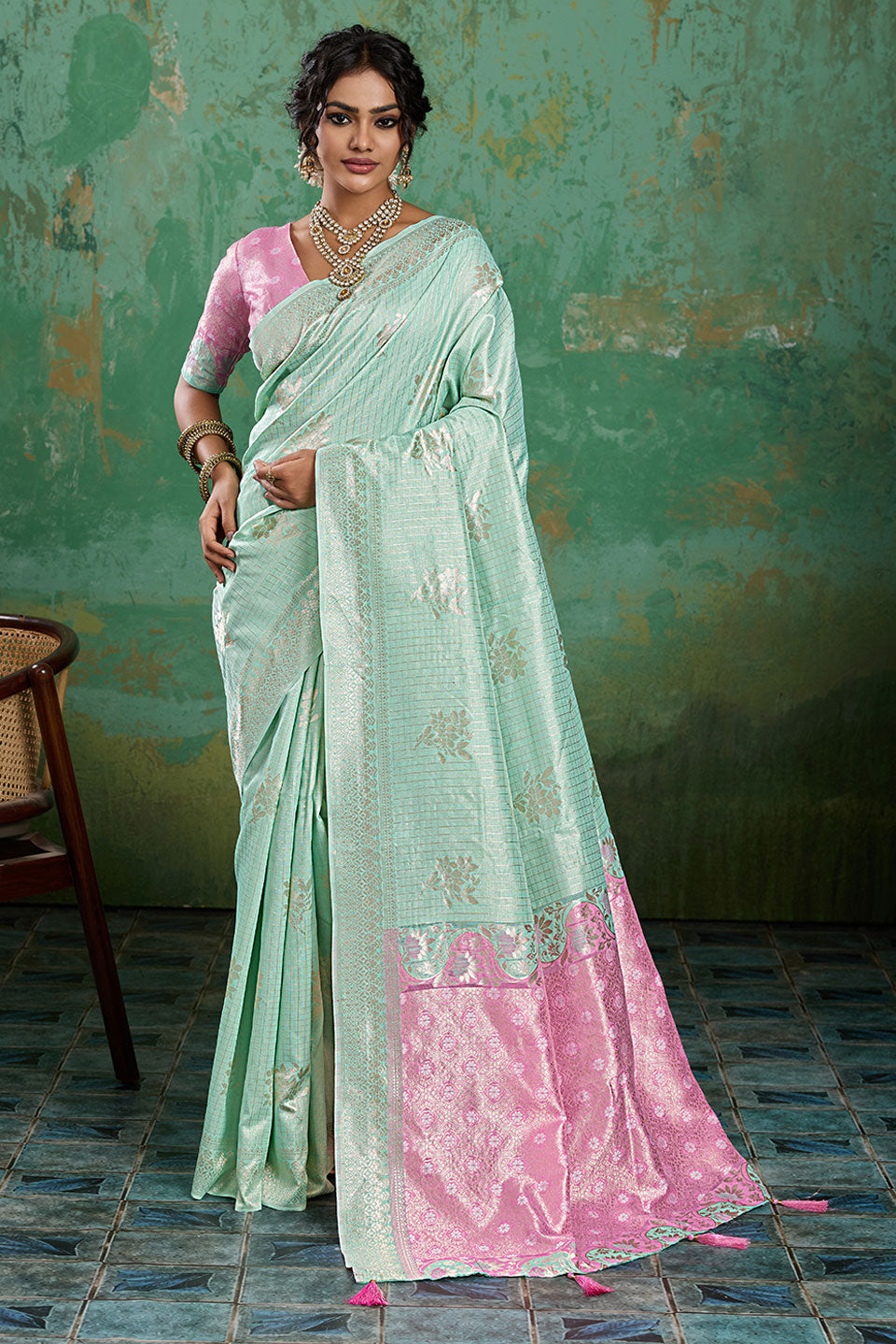 Light Cyan Linen Cotton Weaving Designs Saree | Buy Online India