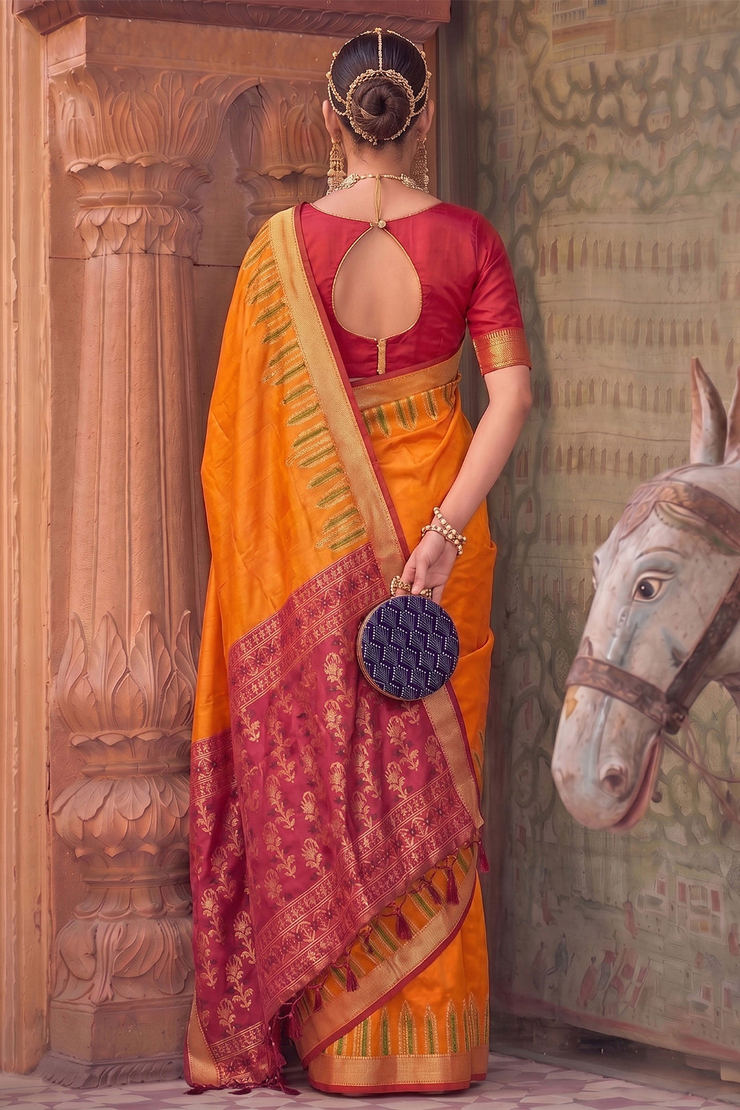 Weaving Work Art Silk Trendy Saree In Orange Color