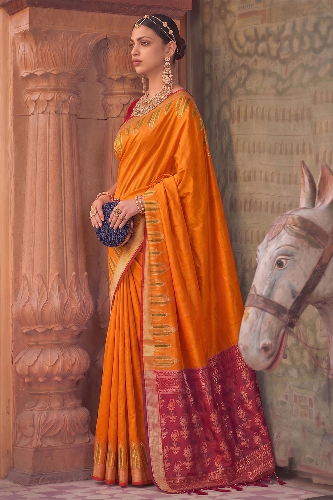 Weaving Work Art Silk Trendy Saree In Orange Color