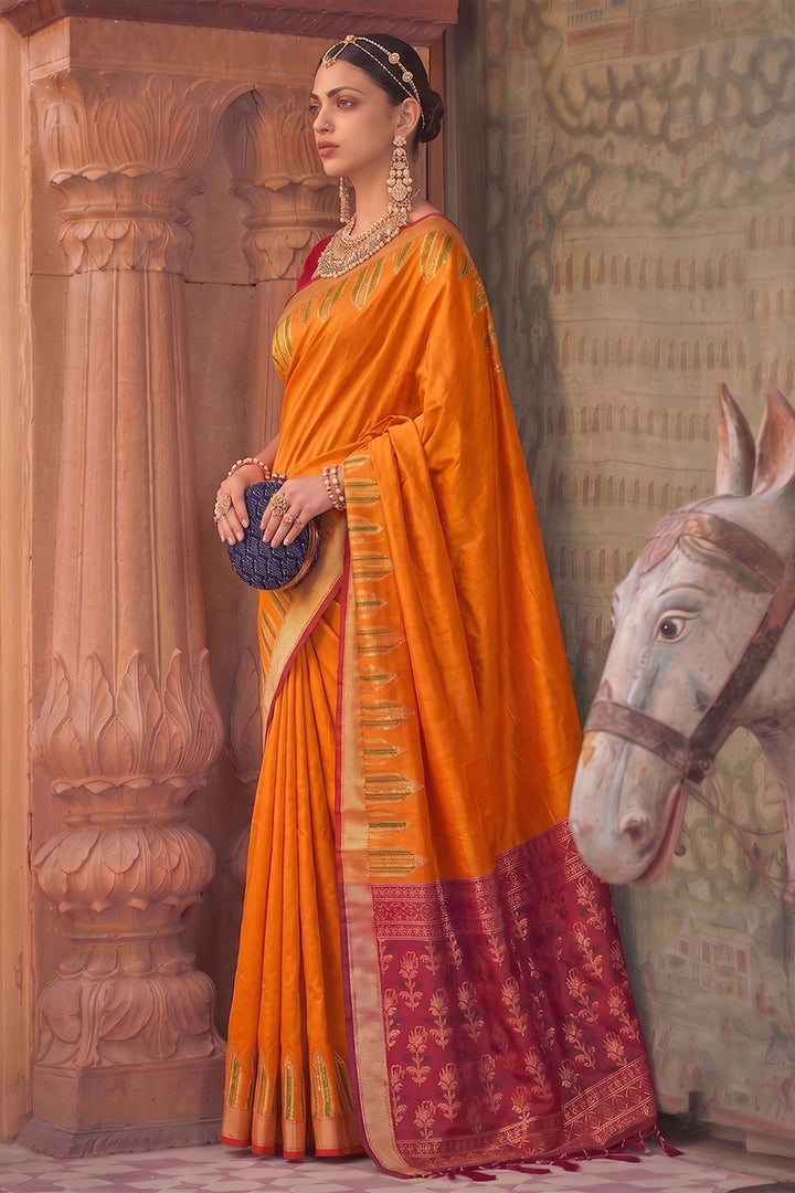 Weaving Work Art Silk Trendy Saree In Orange Color