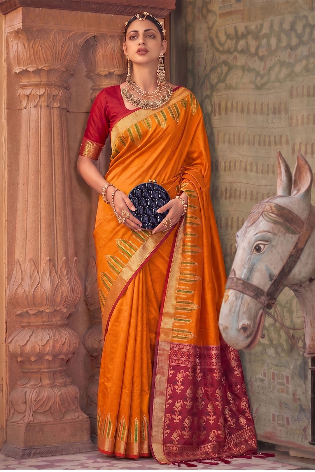Weaving Work Art Silk Trendy Saree In Orange Color