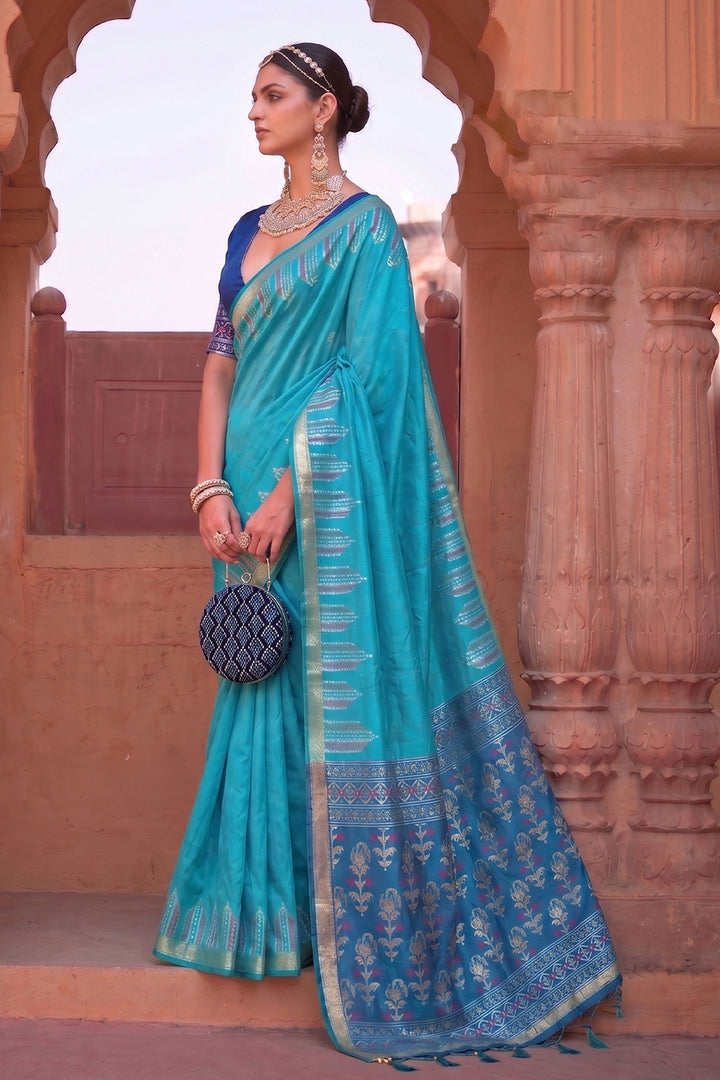 Festive Style Weaving Work Art Silk Saree In Sky Blue Color