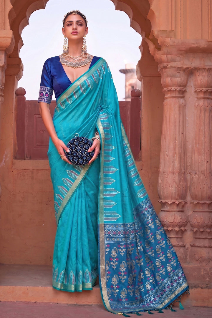 Festive Style Weaving Work Art Silk Saree In Sky Blue Color