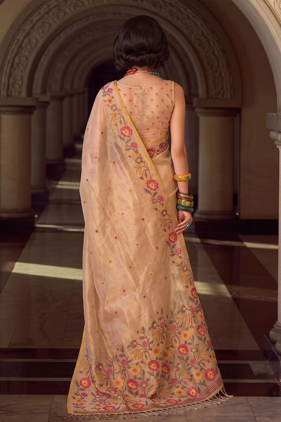 Beige Color Embroidered Tissue Silk Saree | Buy Online India