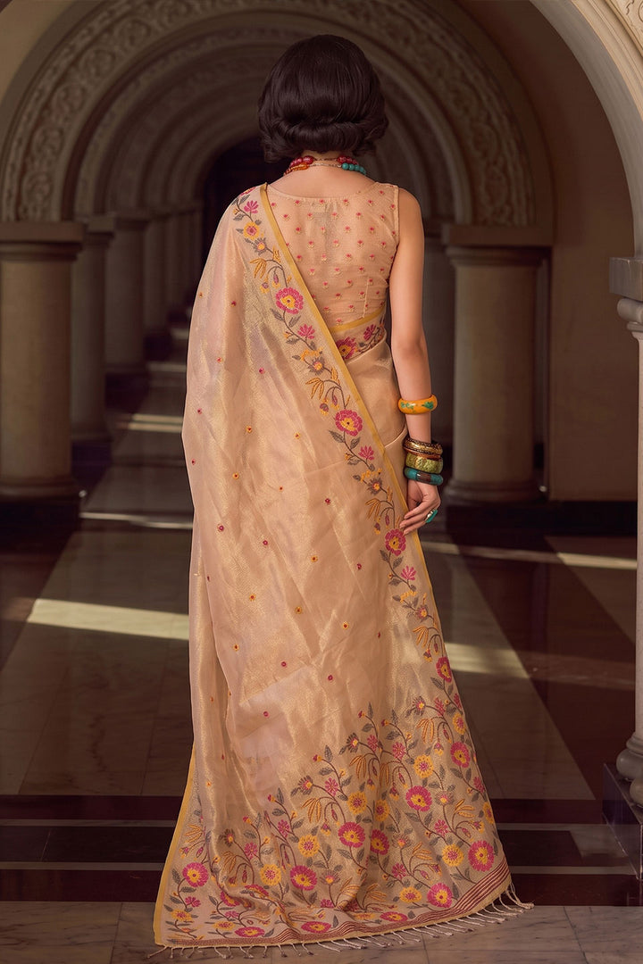 Beige Color Embroidered Tissue Silk Saree | Buy Online India