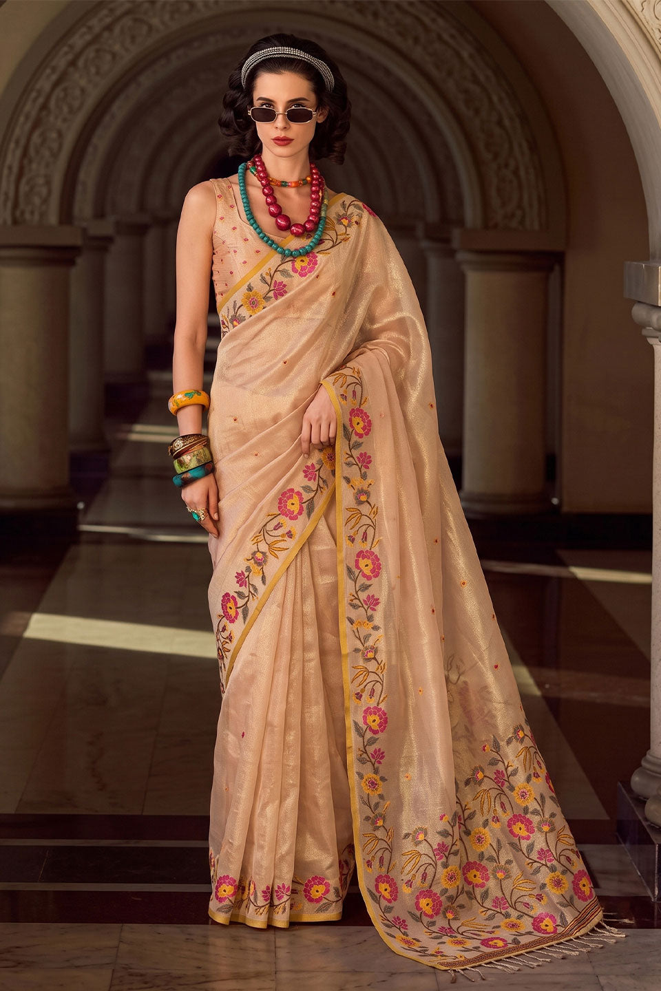 Beige Color Embroidered Tissue Silk Saree | Buy Online India