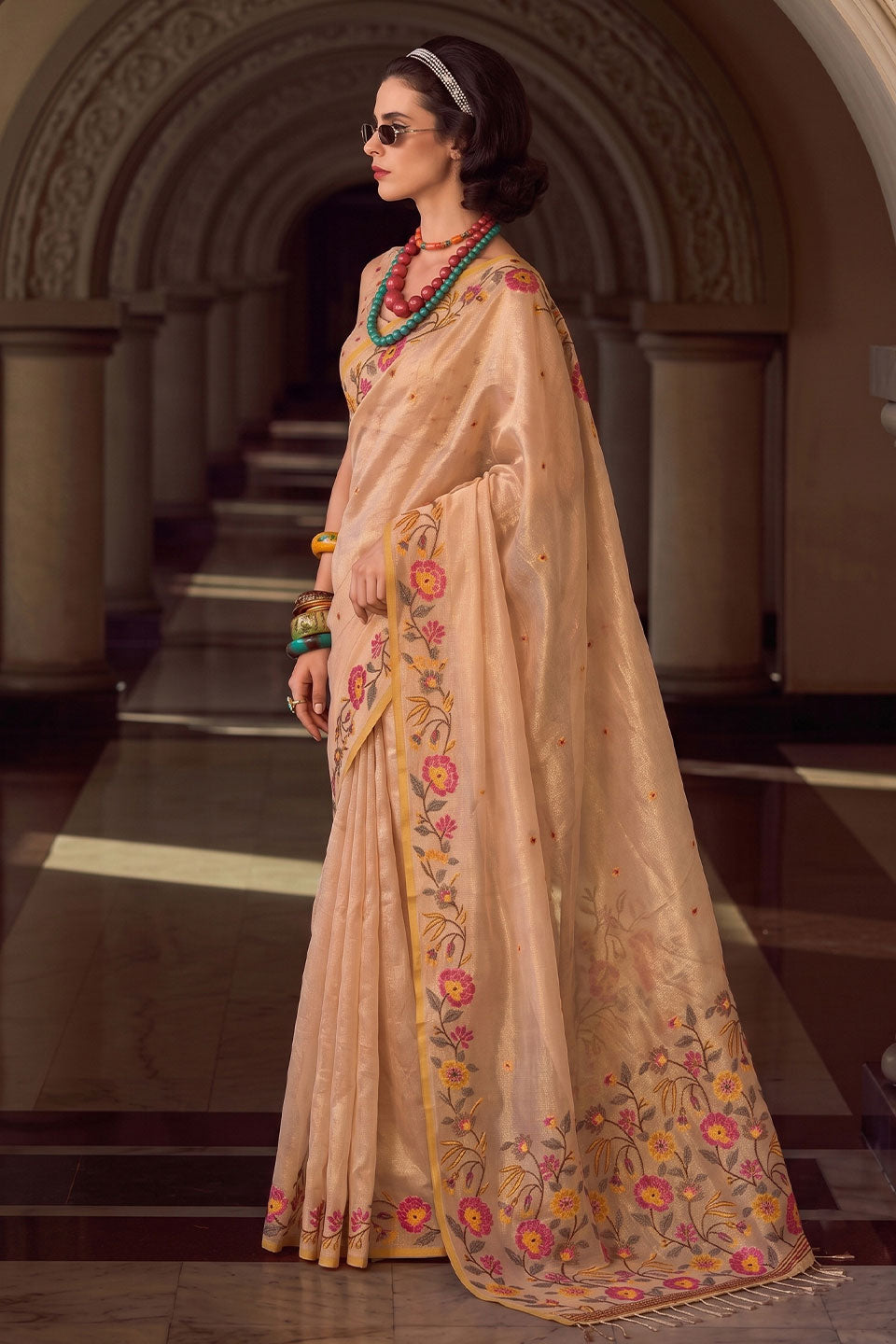 Beige Color Embroidered Tissue Silk Saree | Buy Online India