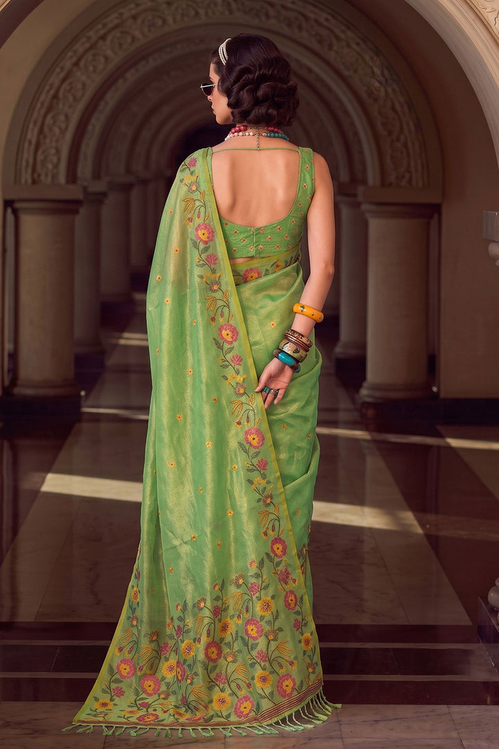 Green Embroidered Tissue Silk Saree For Festival | Buy Online India