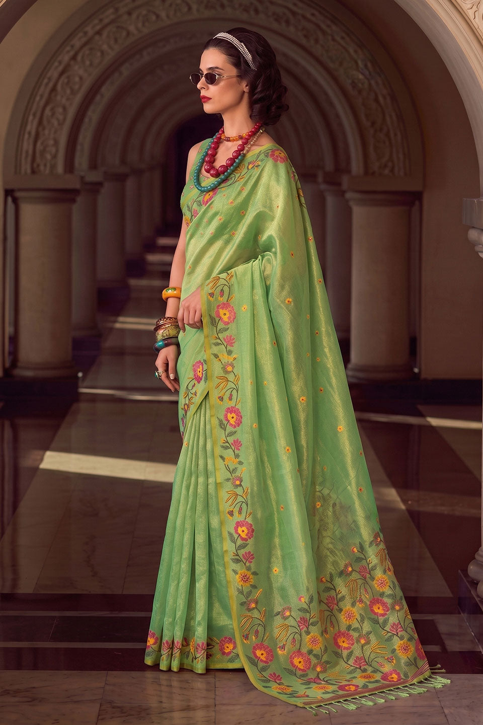 Green Embroidered Tissue Silk Saree For Festival | Buy Online India
