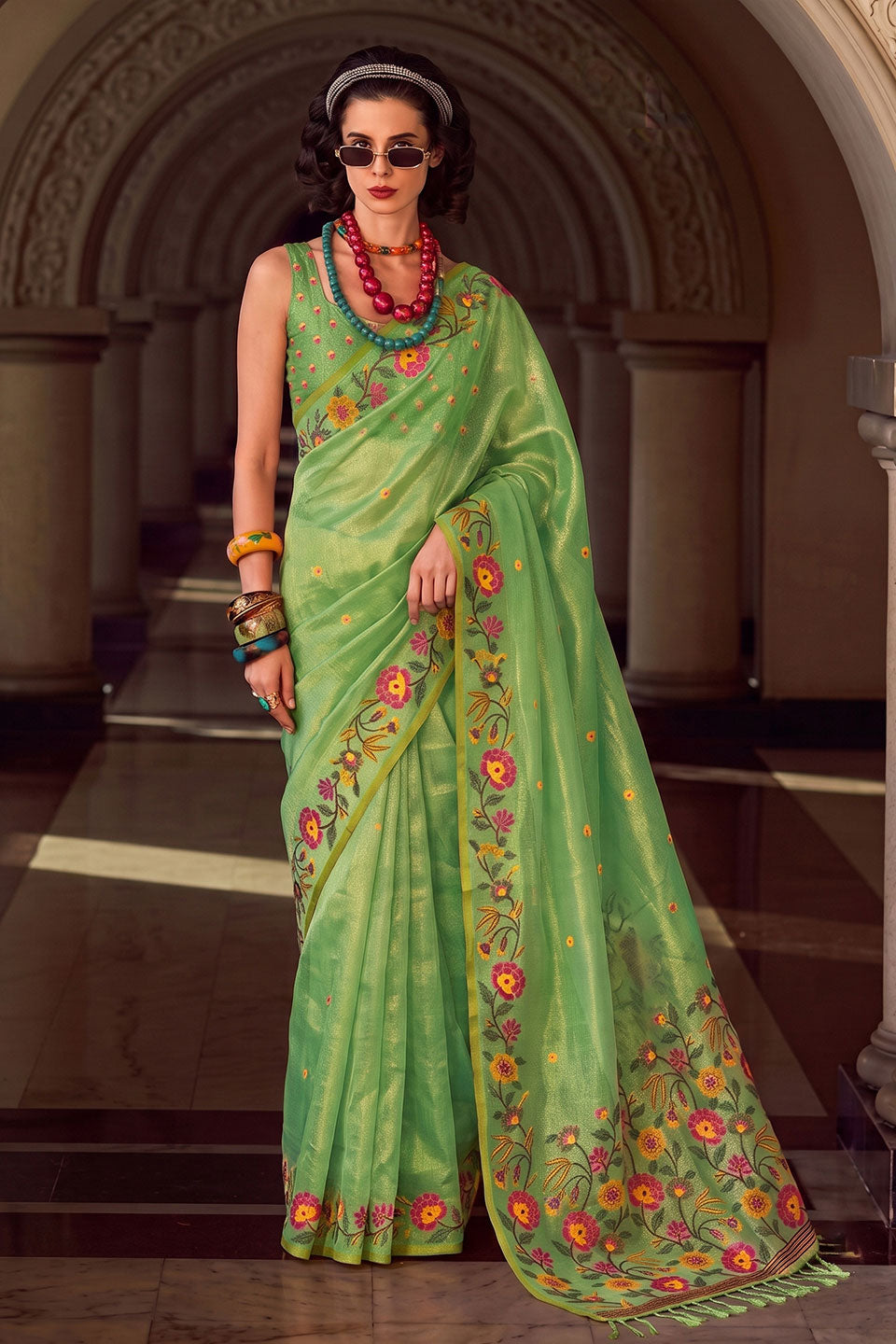 Green Embroidered Tissue Silk Saree For Festival | Buy Online India