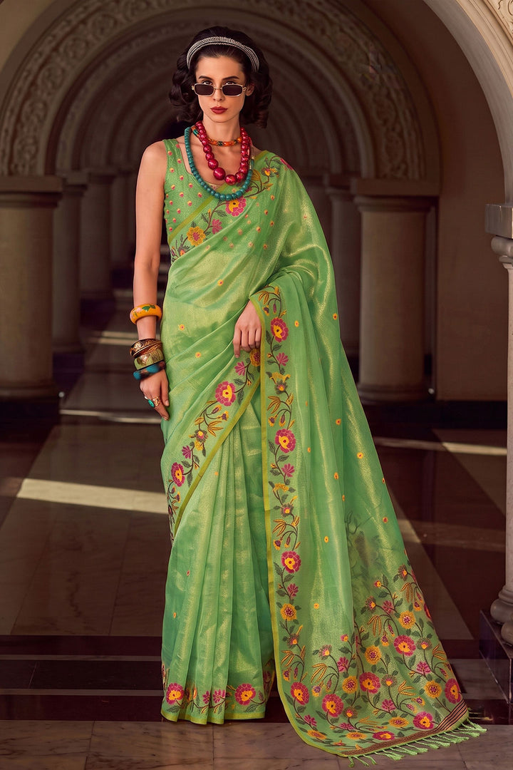 Green Embroidered Tissue Silk Saree For Festival | Buy Online India