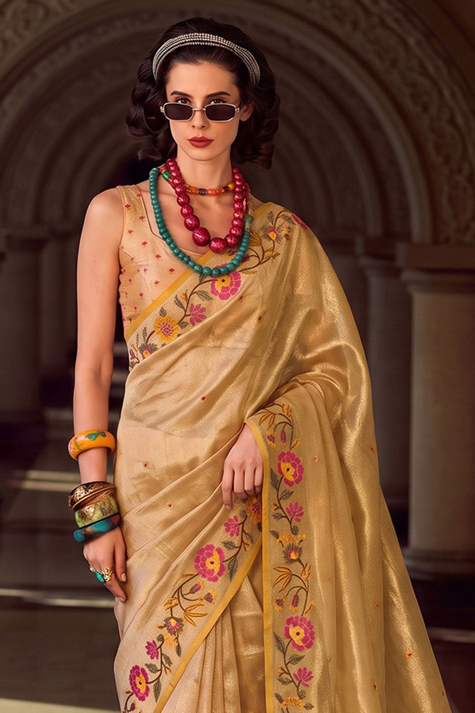 Embroidered Tissue Silk Saree In Dark Beige Color | Buy Online India