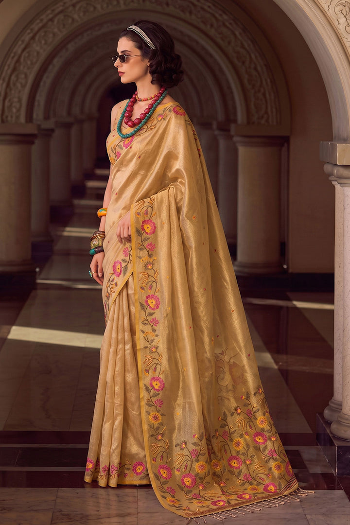 Embroidered Tissue Silk Saree In Dark Beige Color | Buy Online India
