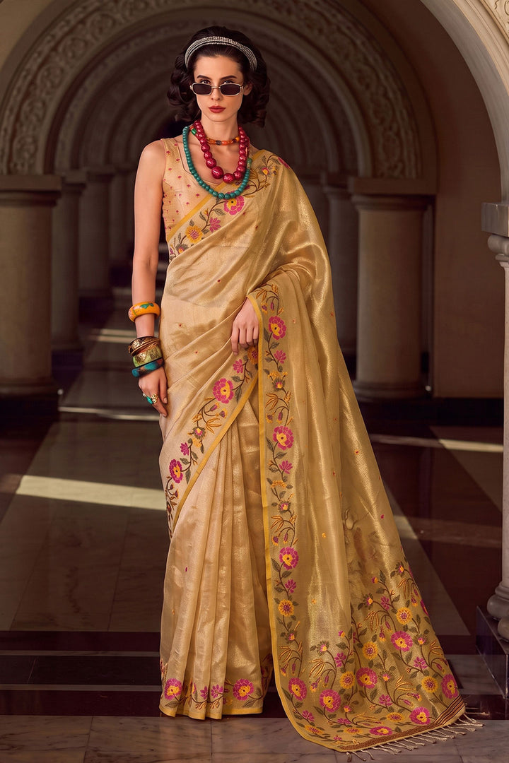 Embroidered Tissue Silk Saree In Dark Beige Color | Buy Online India