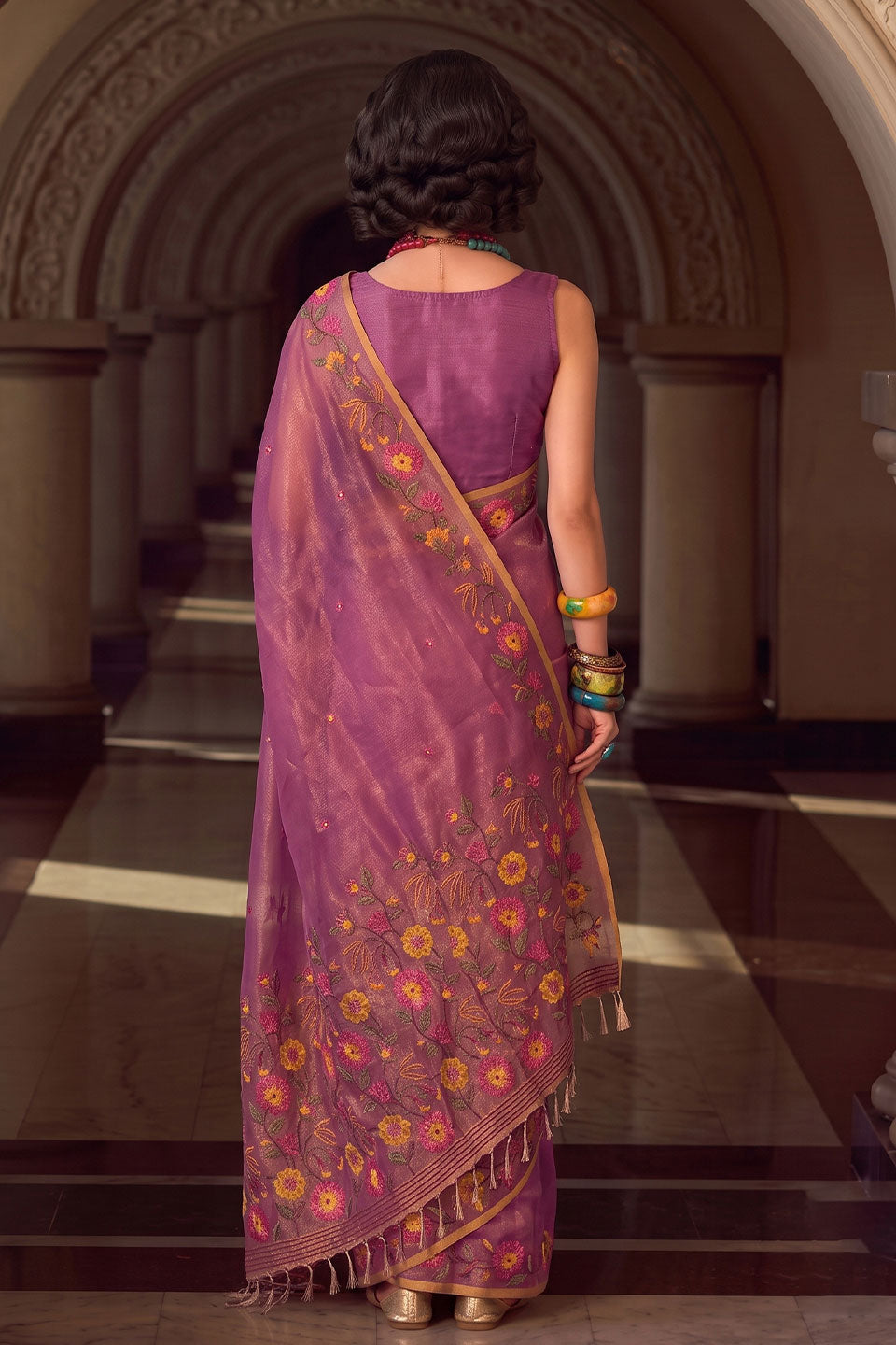 Embroidered Tissue Silk Saree In Pink Color | Buy Online India