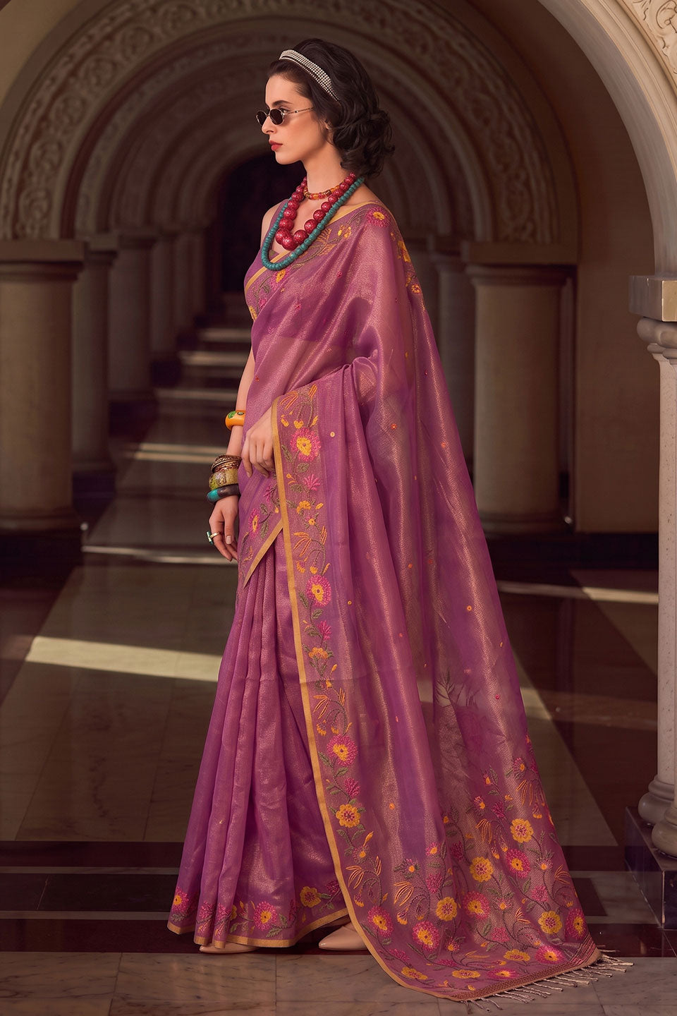 Embroidered Tissue Silk Saree In Pink Color | Buy Online India