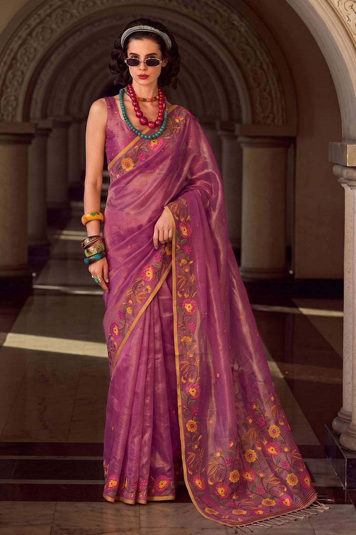 Embroidered Tissue Silk Saree In Pink Color | Buy Online India