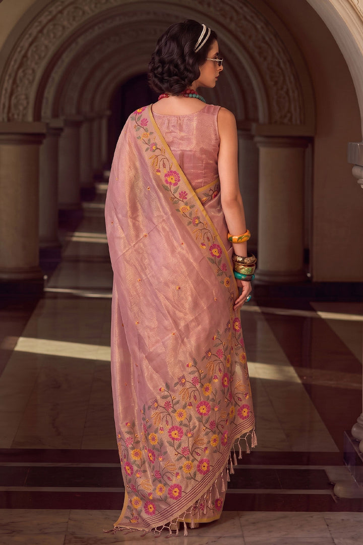 Peach Color Tissue Silk Embroidered Saree | Buy Online India