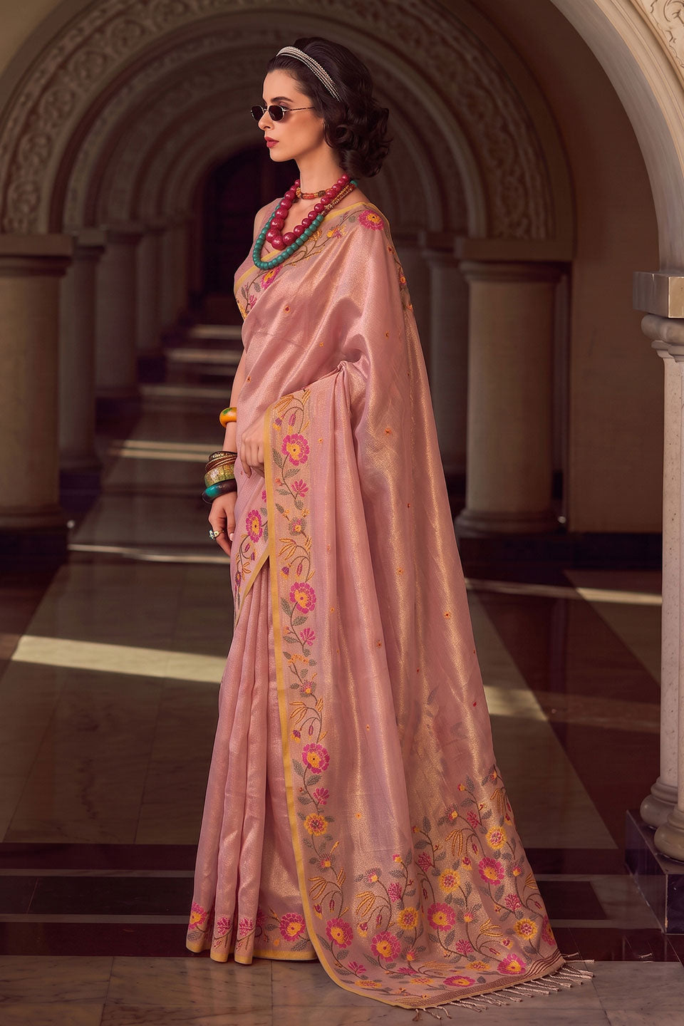 Peach Color Tissue Silk Embroidered Saree | Buy Online India