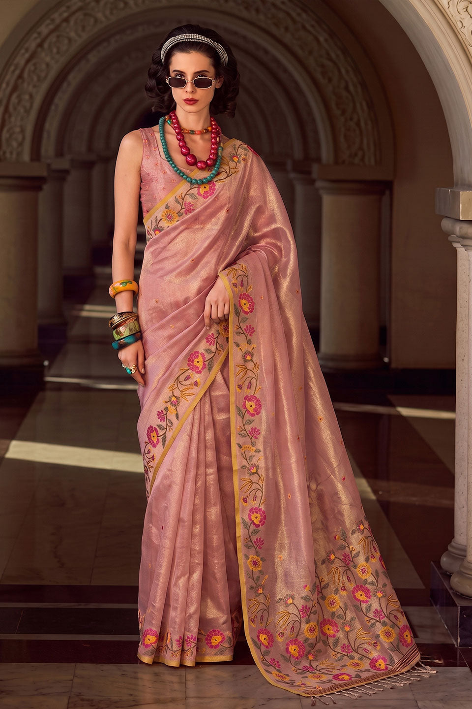 Peach Color Tissue Silk Embroidered Saree | Buy Online India