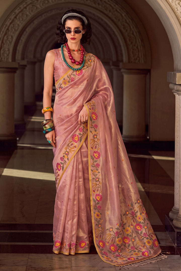 Peach Color Tissue Silk Embroidered Saree | Buy Online India