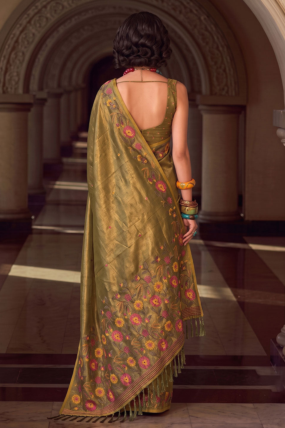 Green Color Embroidered Tissue Silk Saree | Buy Online India