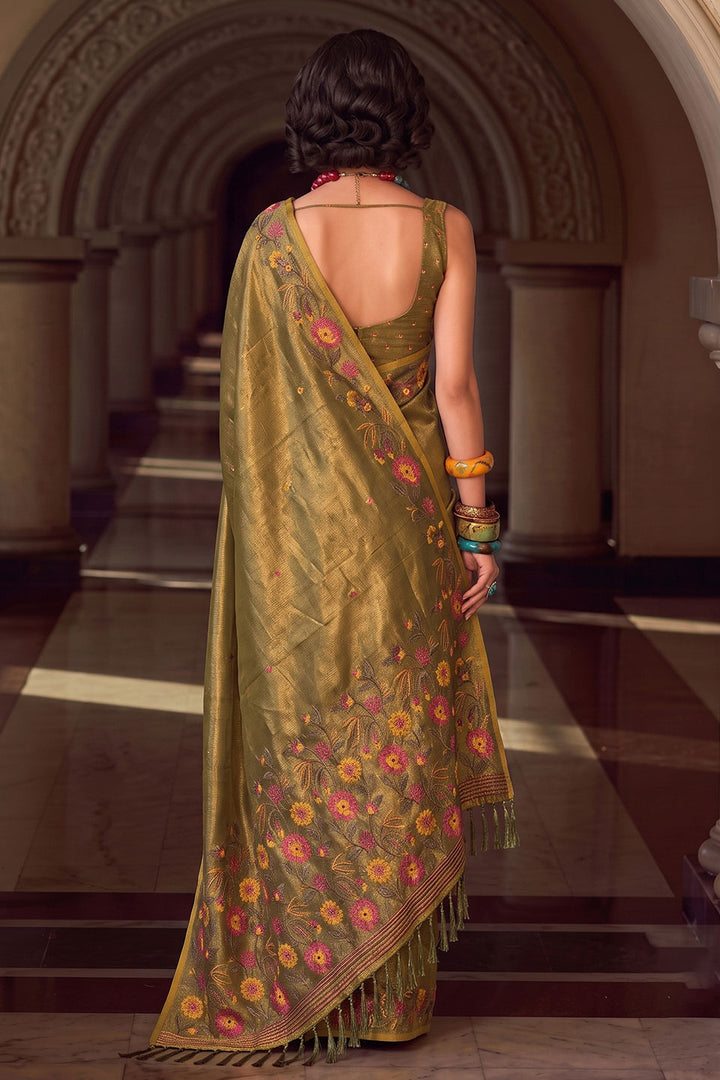 Green Color Embroidered Tissue Silk Saree | Buy Online India
