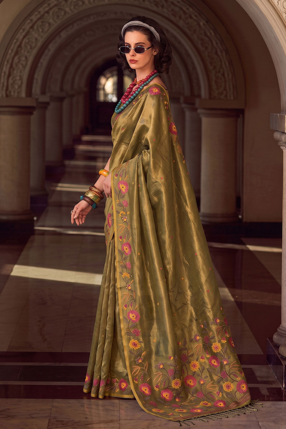 Green Color Embroidered Tissue Silk Saree | Buy Online India