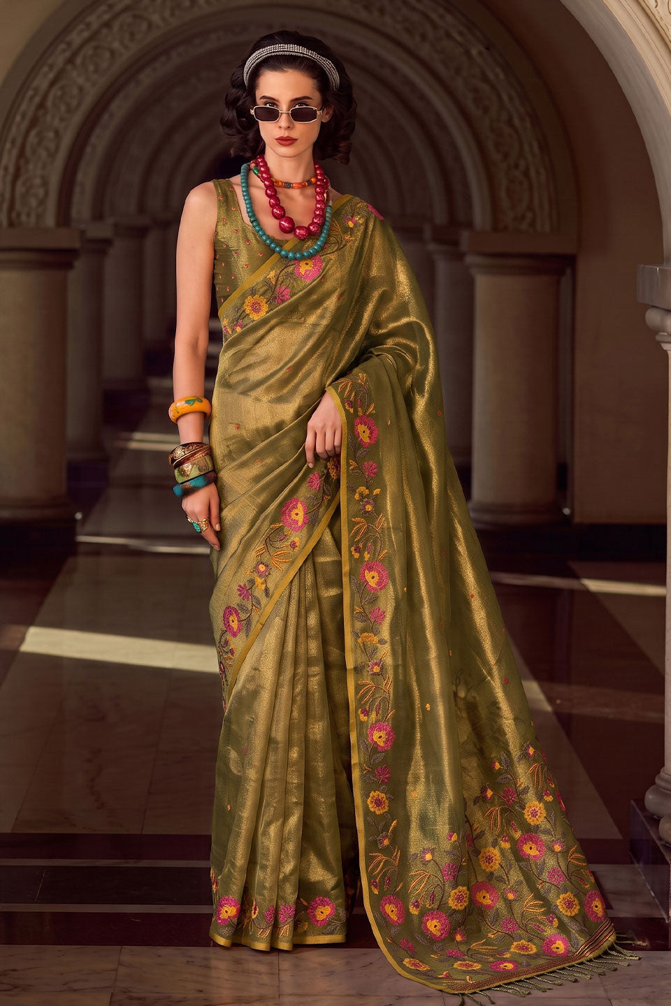 Green Color Embroidered Tissue Silk Saree | Buy Online India