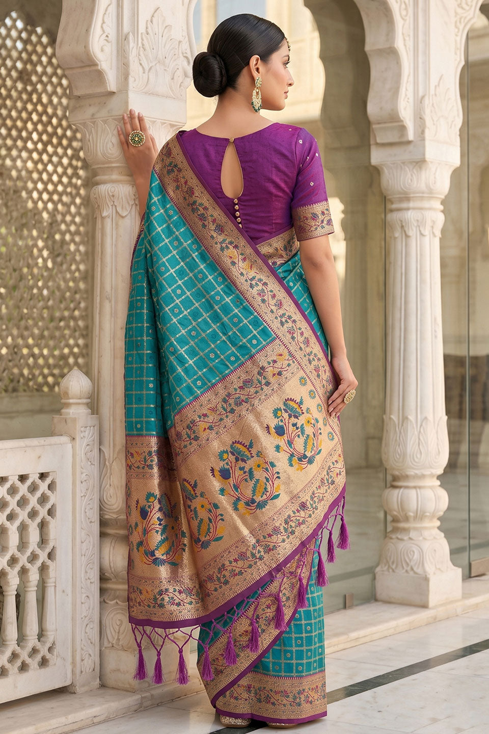 Cyan Color Delicate Weaving Work Banarasi Silk Saree | Buy Online India
