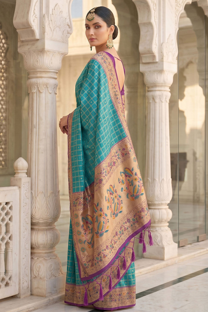 Cyan Color Delicate Weaving Work Banarasi Silk Saree | Buy Online India