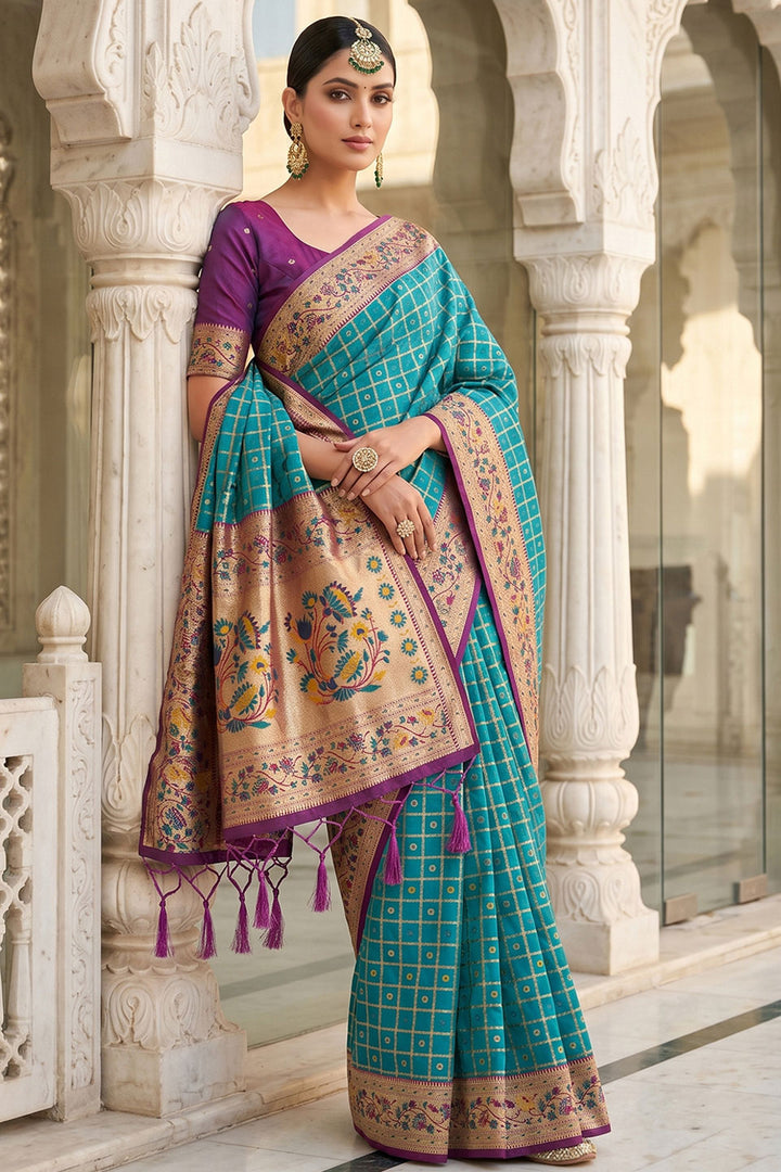 Cyan Color Delicate Weaving Work Banarasi Silk Saree | Buy Online India
