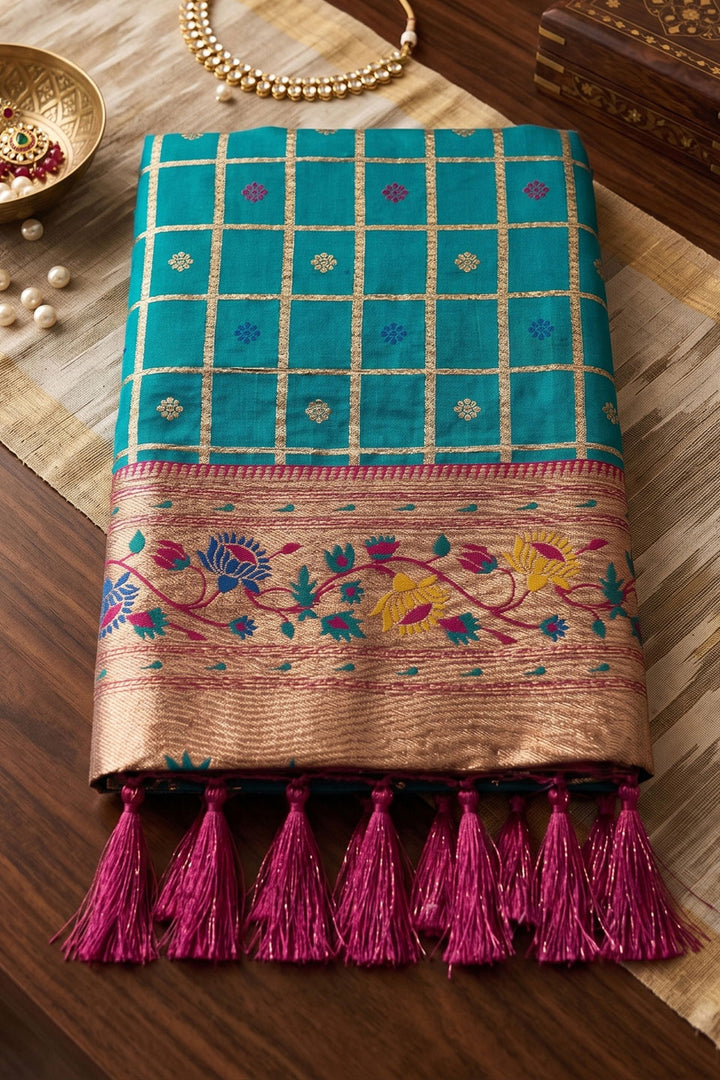 Cyan Color Delicate Weaving Work Banarasi Silk Saree | Buy Online India