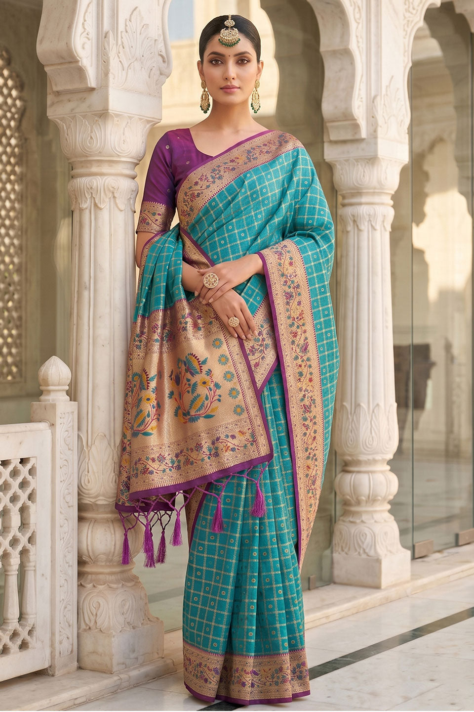 Cyan Color Delicate Weaving Work Banarasi Silk Saree | Buy Online India