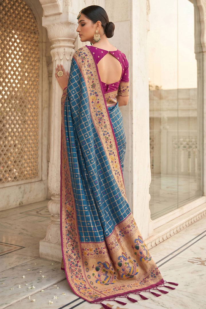 Blue Color Blazing Weaving Work Banarasi Silk Saree | Buy Online India