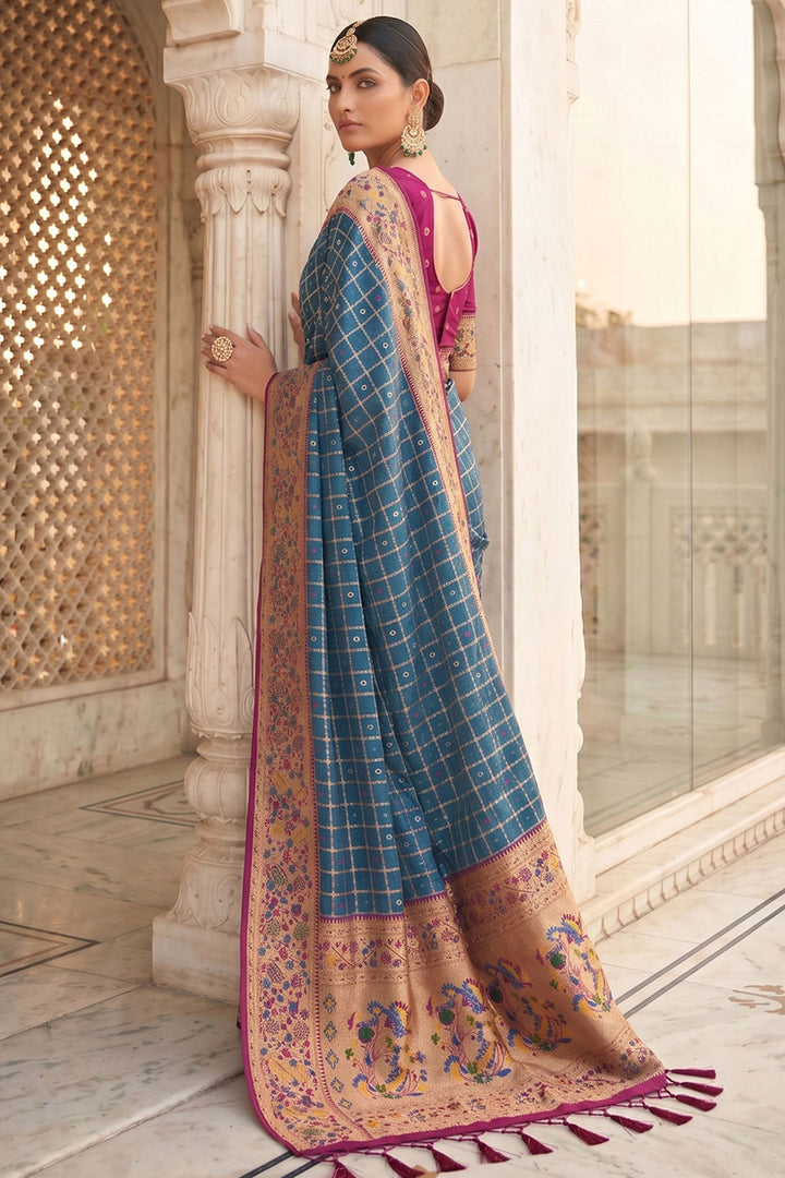 Blue Color Blazing Weaving Work Banarasi Silk Saree | Buy Online India