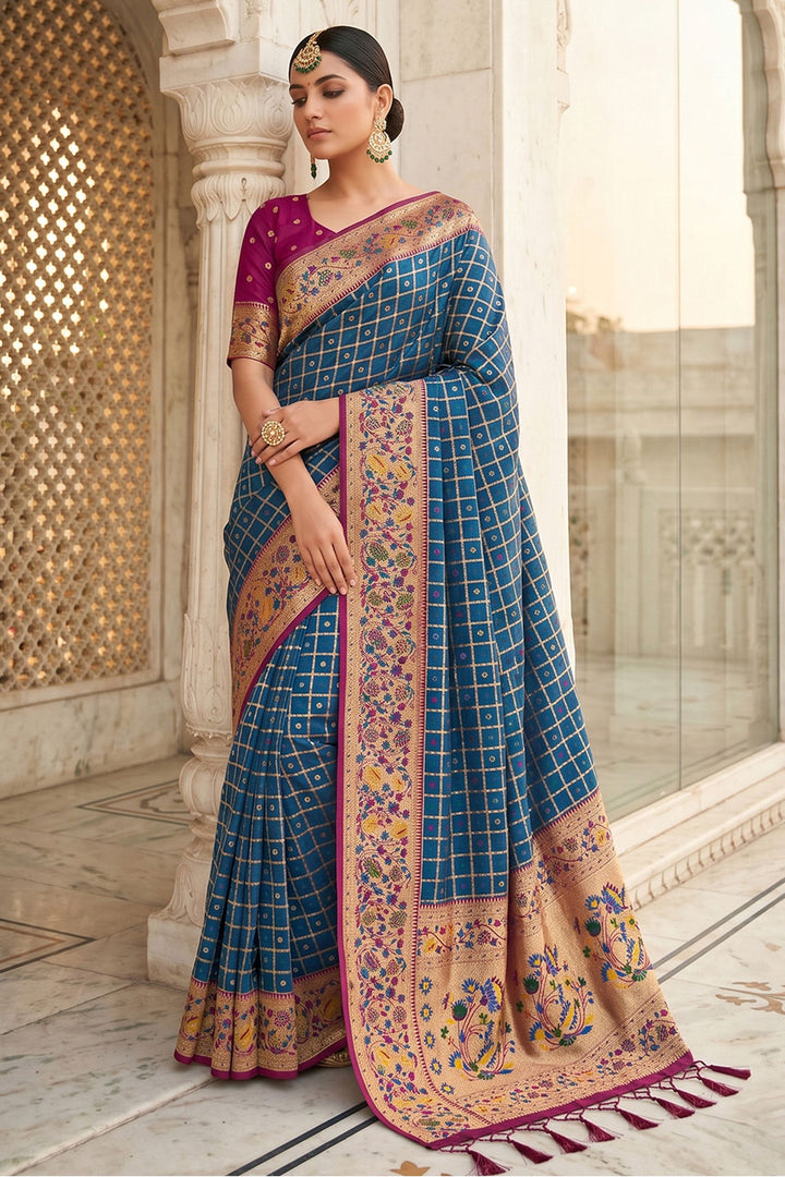 Blue Color Blazing Weaving Work Banarasi Silk Saree | Buy Online India