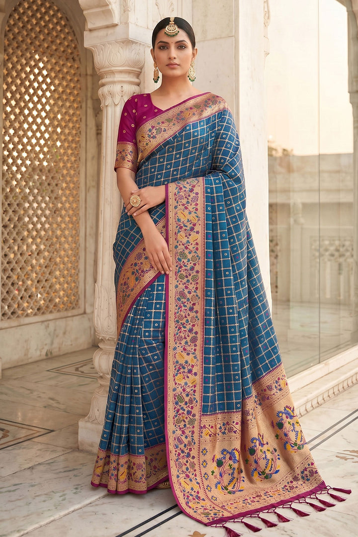 Blue Color Blazing Weaving Work Banarasi Silk Saree | Buy Online India