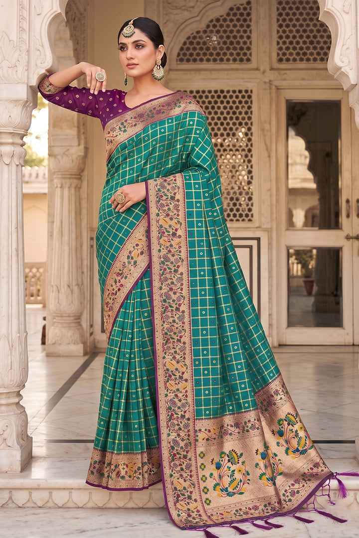 Weaving Work Trendy Banarasi Silk Saree In Sea Green Color | Buy Online India