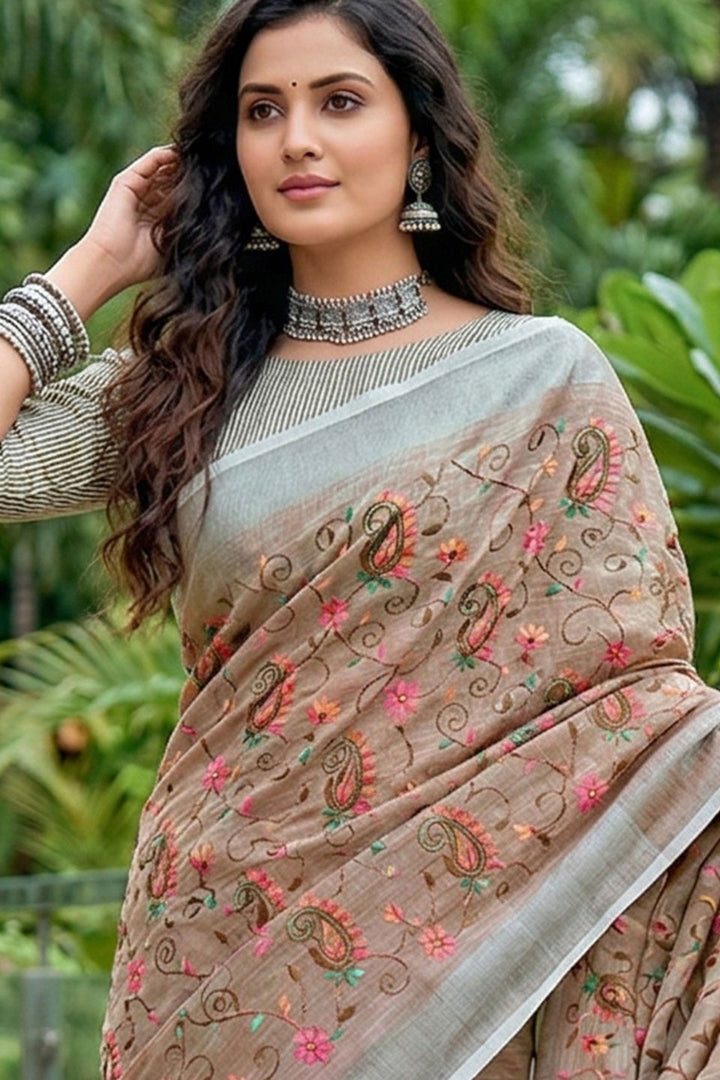 Engaging Brown Linen Embroidered Saree | Buy Online India
