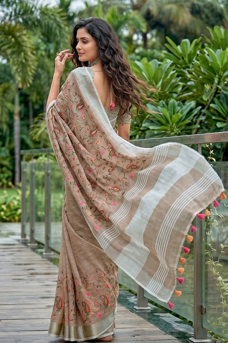 Engaging Brown Linen Embroidered Saree | Buy Online India