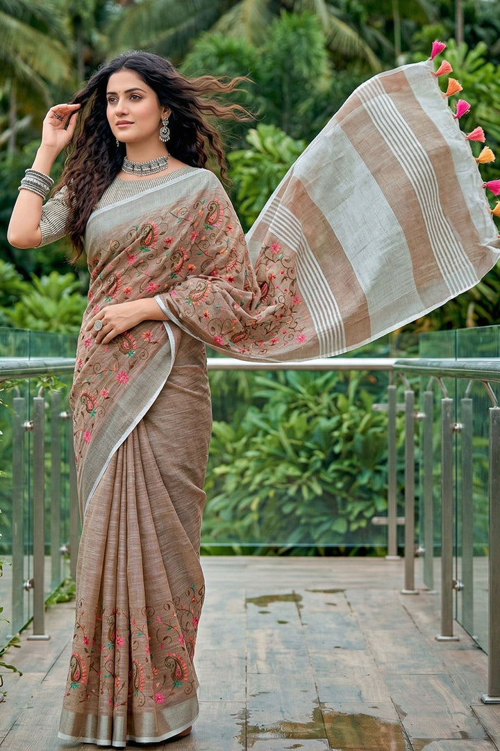 Engaging Brown Linen Embroidered Saree | Buy Online India
