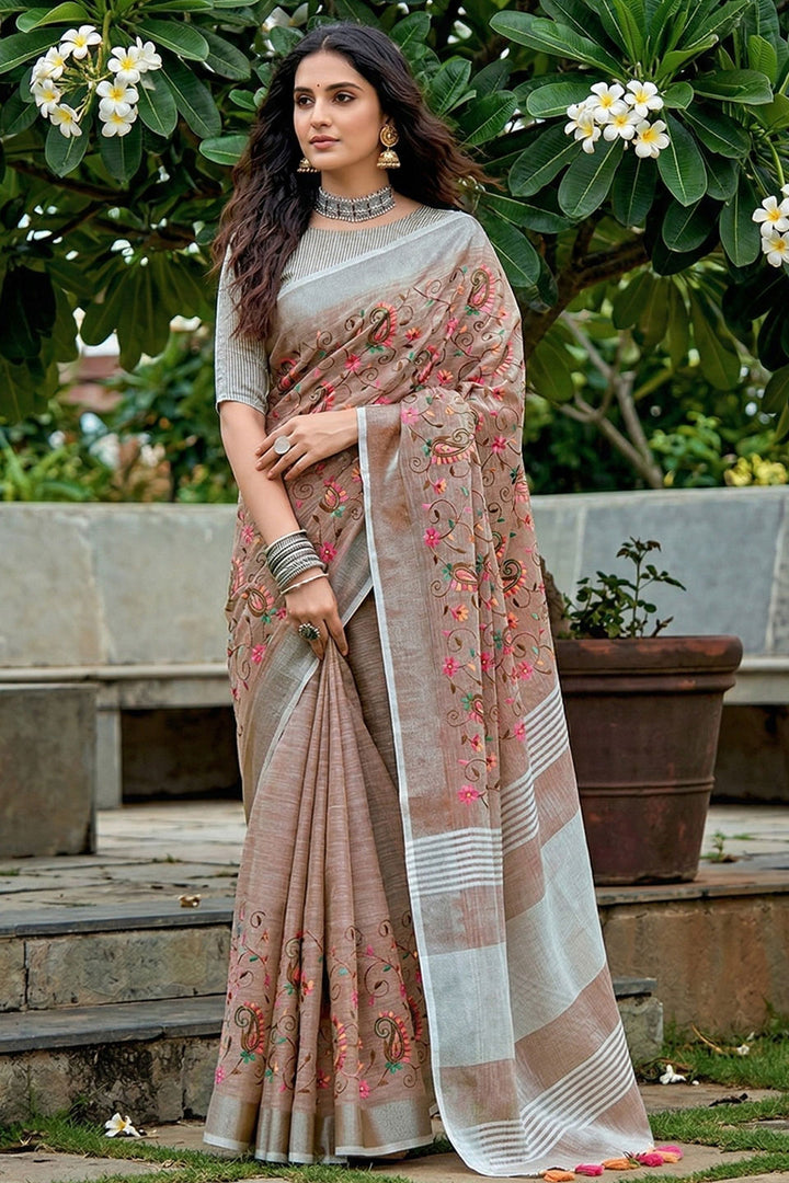 Engaging Brown Linen Embroidered Saree | Buy Online India